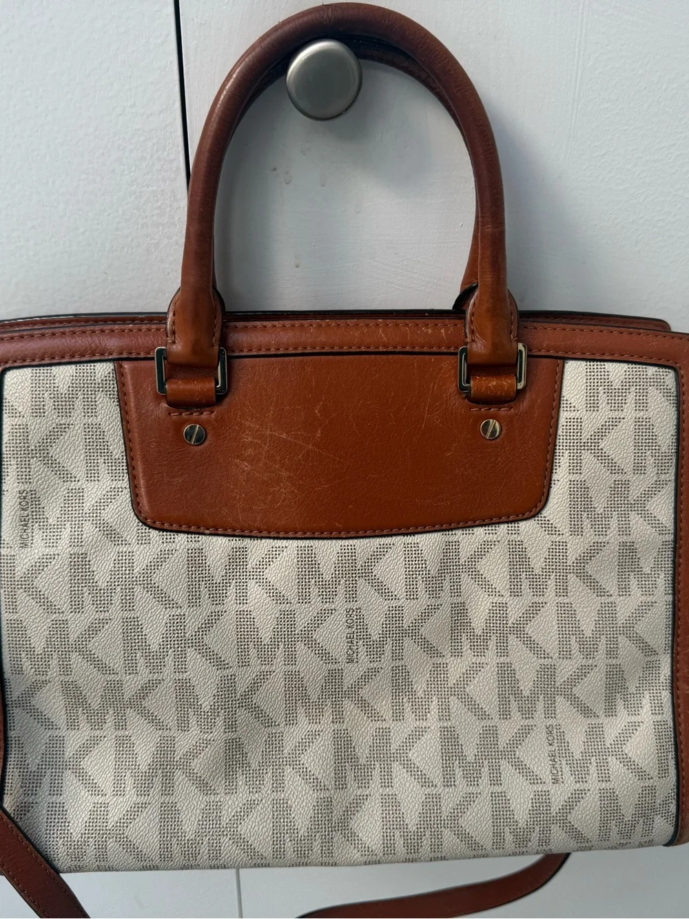 Michael Kors Brown and Cream Logo Satchel with Gold-Tone Hardware